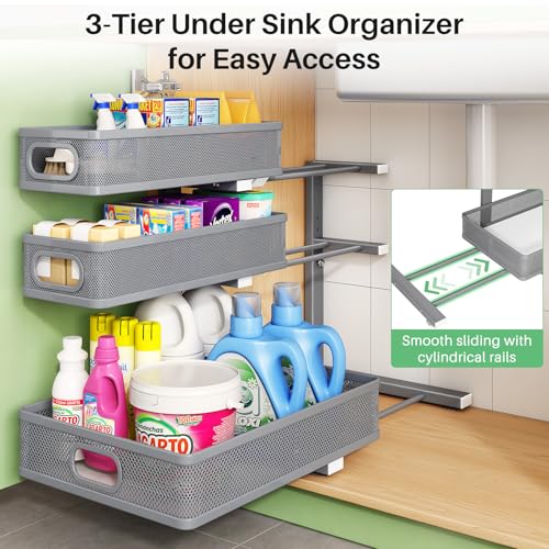 Image of Kitstorack Under Sink Organizer, 2-Pack 3-Tier Height Adjustable Thickened Metal Pull out Cabinet Organizer Shelf, Slide out Storage Drawer Rack for Bathroom Kitchen Pantry Home Organization, Grey