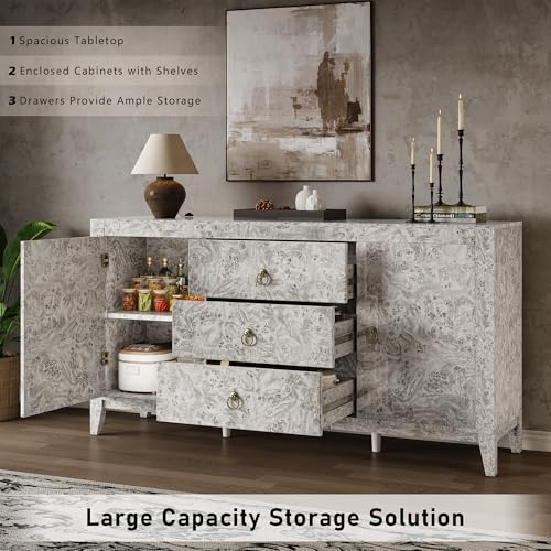 Image of LUXOAK 60 inch Glossy Burl Wood Sideboard Buffet with Storage