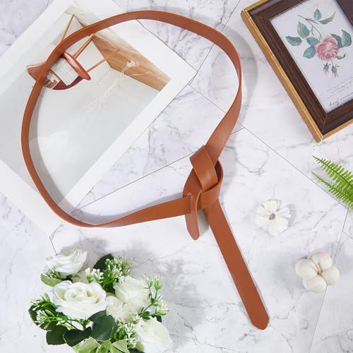 51.18 Inch Adjustable No Buckle Waist Band Rope Soft PU Leather Skinny Cinch Strap Waistband Fashion Leather Tie A Knot Thin Wrap Belt for Dresses Jeans Jumpsuit Coat (Brown)4