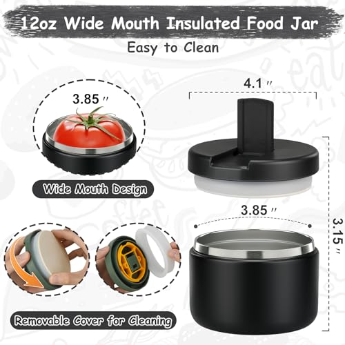 12oz Insulated Vacuum Food Jar with Buckle Lid Wide Mouth Soup Thermo for Hot Food Kids Leakproof Stainless Steel Lunch Container- Black- 1Pack