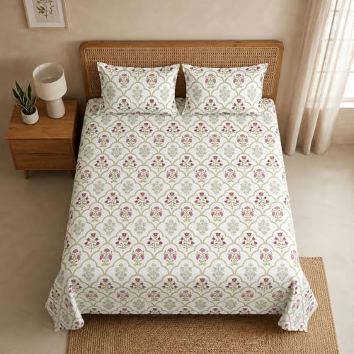 Image of HOMEMONDE King Size Bedsheet | Cotton Flat Sheet with Two Pillow Cover | 186 TC |Floral Design| All-Season Soft Bedsheet for King Bed (108 x 108 Inch /274 x 274 cm, Spring Buds Pink)