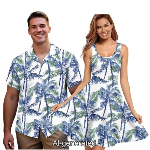 Image of Dreaweet Summer Dresses for Women A-Line Sleeveless Flowy Sun Dresses,Men's Casual Button-Down Shirts,Couple Matching Outfits