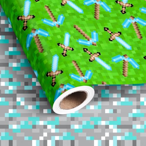 lopmou Pixel Style Gaming Wrapping Paper Roll for Kids Boys Girls - Reversible Video Game Gift Wrap for Birthday (Green Pixel Game)