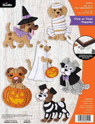 Image of Bucilla Felt Applique 6 Piece Ornament Making Kit, Trick or Treat Puppies, Perfect for DIY Arts and Crafts, 89515E
