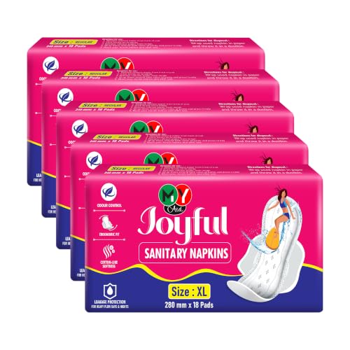 Image of Joyful Sanitary Napkins for Women | Cotton Soft, Super Absorbent, Odour & Rash Free, Leak-Proof Pad for Heavy Flow, Overnight Protection & Travel, Xl, 90 pads, Pack of 5