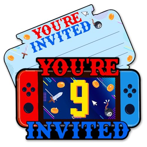 QYCFDXD Video Game 9th Birthday Party Invitations Boy Video Game 9 Year Old Boys Birthday Party Shaped Invitations with Envelopes, 20 Pack, Double-Sided