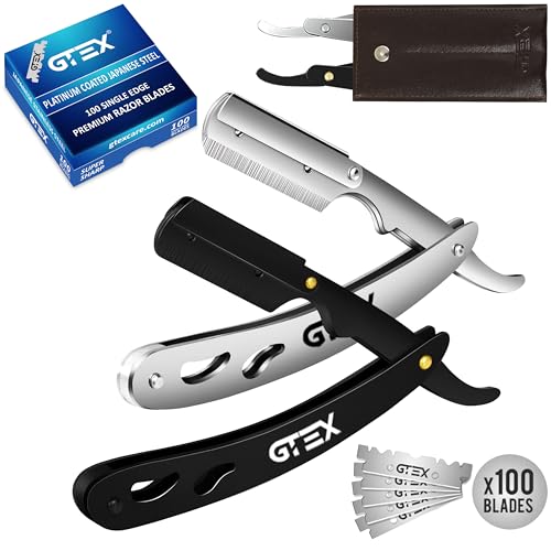 GTEX Coupe Choux Barbe - 2 Rasoir Barbe Homme Et 100 Lames GTEX Premium Et Une Pochette En Cuir - Kit De Rasoir Homme Manuel - 2 Rasoir Barbier Straight Razor & 100 Blades