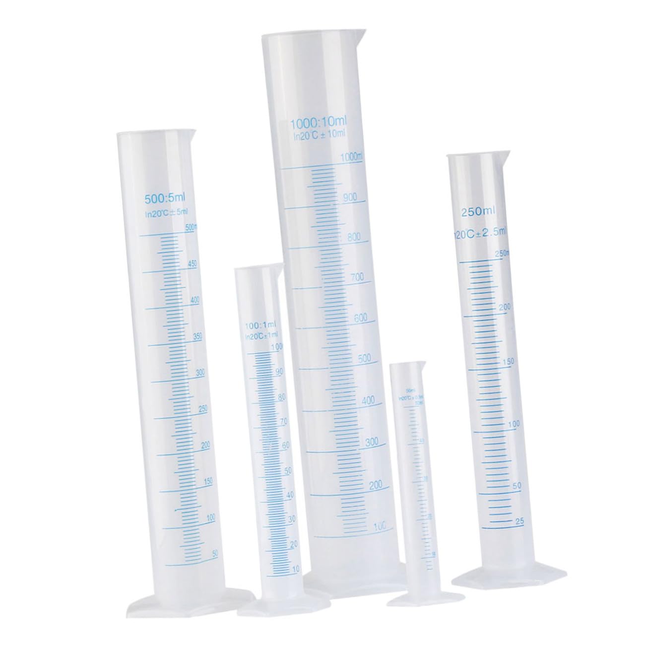 Cilindri Graduati in Plastica Professionale 5 Pezzi (50-1000 Ml) Base Esagonale e Beccuccio Conico Per Misurazione Liquidi Scuole Laboratori Casa