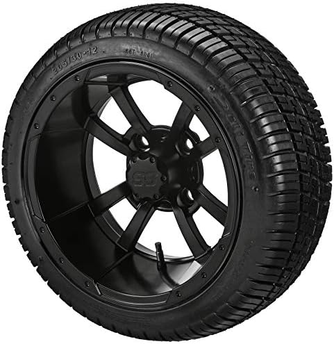 RM Cart® golf cart accessories - 12" Maltese Cross Matte Black on 205/30-12 Deli Tires (Set of 4) fits Standard Lug Nuts