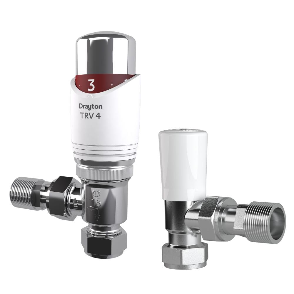 Drayton TRV4 - Valvole per termosifone, 15 mm, 1 valvola termostatica + 1 valvola di Blocco, Colore: Bianco/Cromo