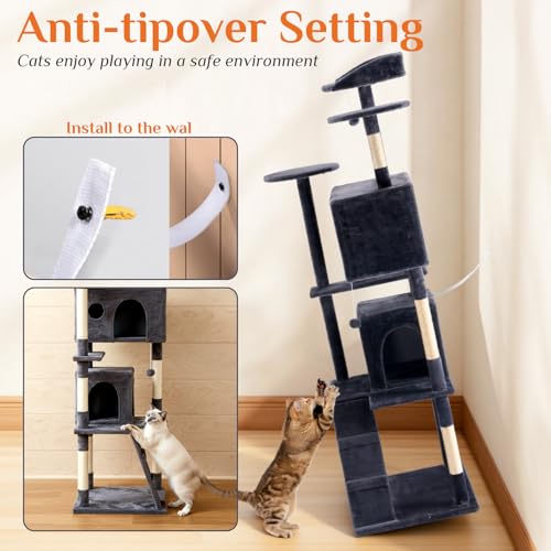 Image of Sweetcrispy 62 Inch Cat Tree Tower, Multi-Level with Cat Scratching Post, Indoor Cat Condo with Climbing Ladder, Plush Toy, Play House for Cat, Dark Grey