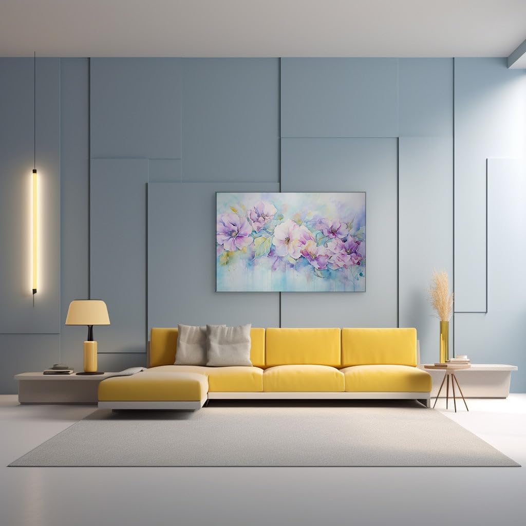 Canvas for Living room. Whimsical Blossoms in Abstract Watercolors: A Dance of Pink and Purple Hues Against Sky Blue, 27 x 18 inch Canvas Wall Art - Contemporary Masterpieces - Modern Home Decor