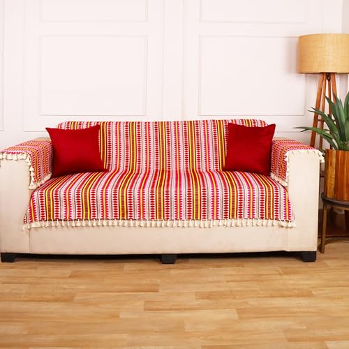 Image of STITCHNEST Woven 1 Seater Sofa Protector with 2 Hand Rest Covers - Red & White Stripe Design - Washable Fabric with Tassels - Stylish Sofa Cover for Modern Living Room & Furniture Decor