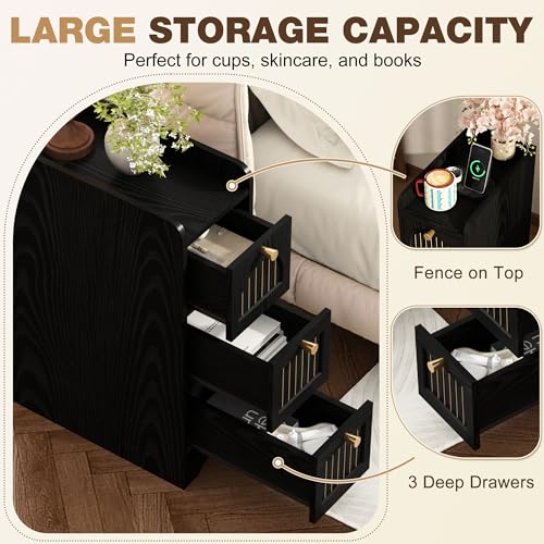 Image of 7.87 inch Narrow Nightstand Set of 2, Fluted Slim Bedside Table with 2 Drawers, Mid Century Modern Small End Table with Gold Metal Handles, for Bedroom, Living Room & Small Spaces - Black