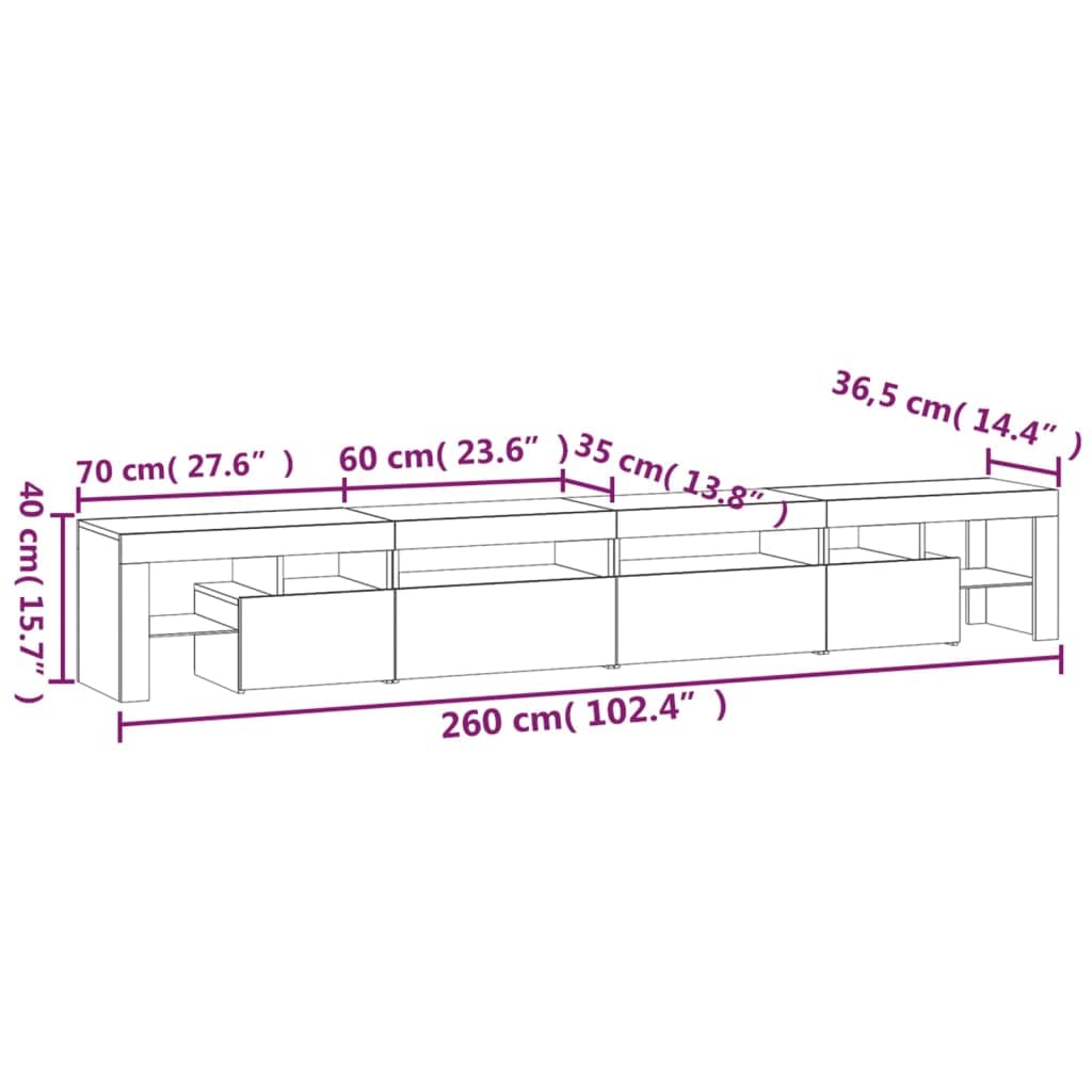 vidaXL Mobile Porta TV con Luci LED Grigio Cemento 260x36,5x40 cm