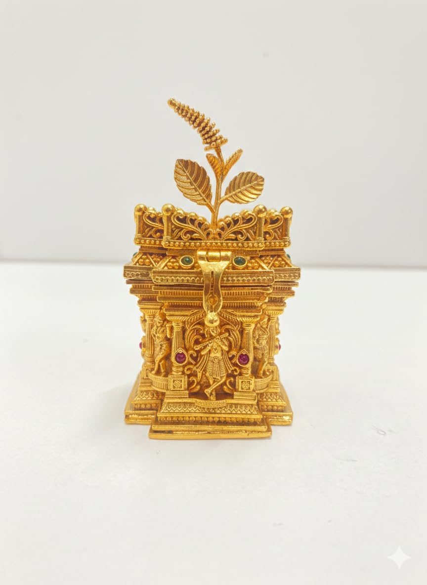 Golden Treasure Antique Gold-Plated Lord Krishna & Tulsi Plant Sindoor Box - Handcrafted Traditional Kumkum Dibbi with Ruby Stone Accents, Religious Pooja Accessory and Sacred Wedding Return Gift-image-34