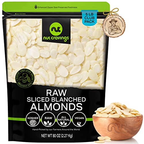 Nut Cravings - Blanched Sliced Almonds - Raw, (80Oz - 5 Lb) Packed Fresh In Resealable Bag - Nut Snack - Food Assortments Ideal For Trail Mixed Nuts