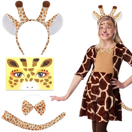 AEYAKA Déguisement de Girafe Accessoires de Déguisement Animal Tatouage Temporaire Visage de Girafe Ensemble Noeud Papillon Queue Adultes Carnaval Cosplay Costume