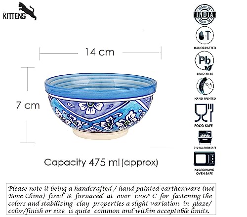 Image of KITTENS Handcrafted Blue Ceramic Snack Bowl Set of 2 - Handpainted Floral Art | Microwave & Dishwasher Safe | 500ml | Ideal for Pasta, Maggi, Cereal, Salad & Daily Use - Made in India