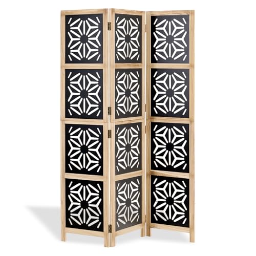 Homestyle4u 2015 Paravent en bois naturel noir naturel 3 pièces Brise-vue