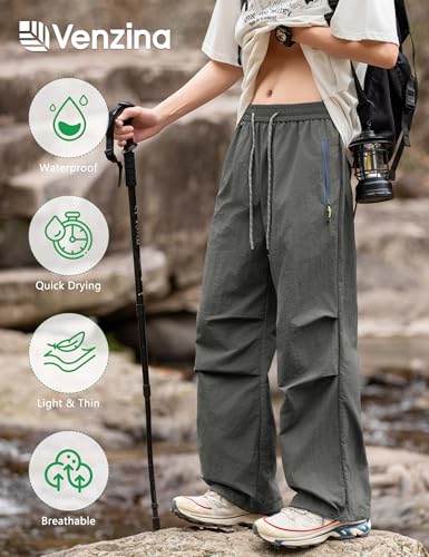 Image of Venzina Men's Parachute Cargo Trousers Lightweight Quick-Drying Hiking Pants Water Resistant Drawstring Cargo Pants for Camping, Fishing, Travel, Safari, M - XXL