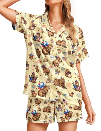 Image of Women's Pajama Sets Funny Pajamas for Women Set Comfortable 2 Piece Button Down Tops & Shorts Sleepwear Short Sleeve