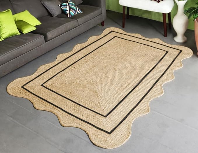 Tapis tressé festonné à la main – Tapis tressé à la main – Respectueux de l'environnement, durable et élégant, décoration rustique bohème pour salon, chambre à coucher ou entrée – 6 x 3,7 m – Noir