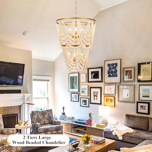 AyshwillDec 12-Light 25.6" Boho Wood Beaded Chandelier for Living Room, H88 Adjustable 2-Tier Gold Large Boho Chandelier for Entryway, Dimmable Coastal Chandeliers for Bedroom Foyer Staircase - Image 5