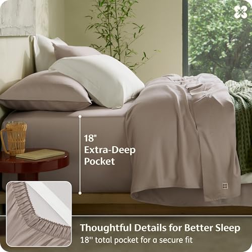 Image of Bedsure 100% Organically Grown Bamboo Viscose King Size Sheets Set | Cooling Bedsheets for Hot Sleepers | Luxury Silky Soft | 18 inch Deep Pocket with Corner Straps | Oeko-Tex Certified [Light Brown]