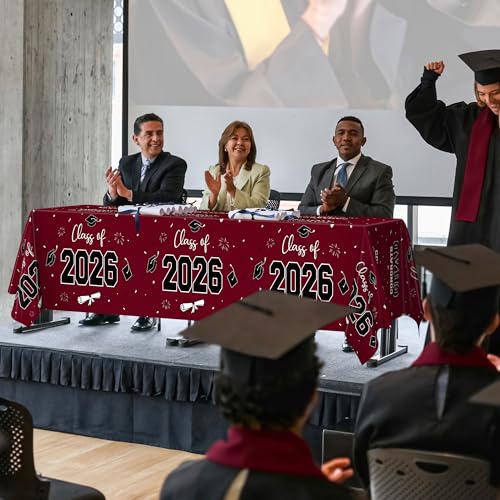 Image of QZYL 4 Pack Graduation Table Decorations 2026, 54 inch x 108 inch Maroon Graduation Table Cloths, Disposable Grad Party Decorations for Class of 2026 Congrats Grad, Rectangle Plastic Tablecover for College