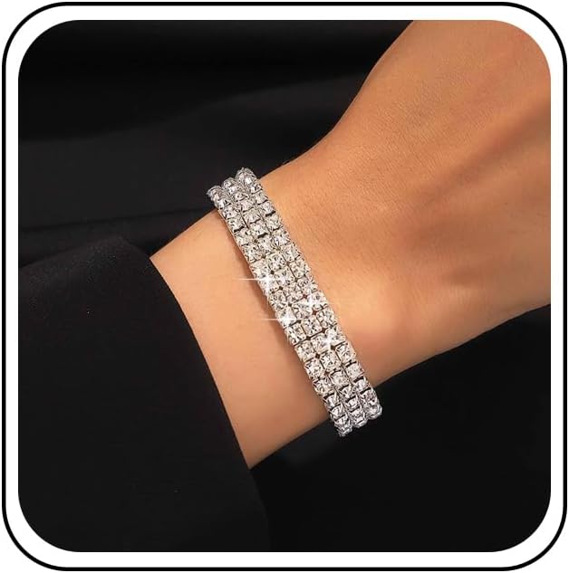 Boho Crystal Chain Bracelet Cz Rhinestone Hand Chain Bracelet Silver Multi Row Tennis Chain Bracelet Shine Bridal Cubic Crystal Bracelet Hand Chain Jewelry for Women