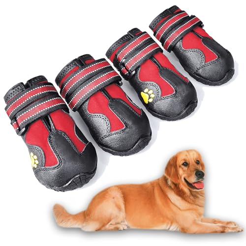XSY&G Dog Boots,Waterproof Dog Shoes,Dog Booties with Reflective Strips Rugged Anti-Slip Sole and Skid-Proof,Outdoor Dog Shoes for Small Medium Large Dogs 4Pcs Red-Size 1