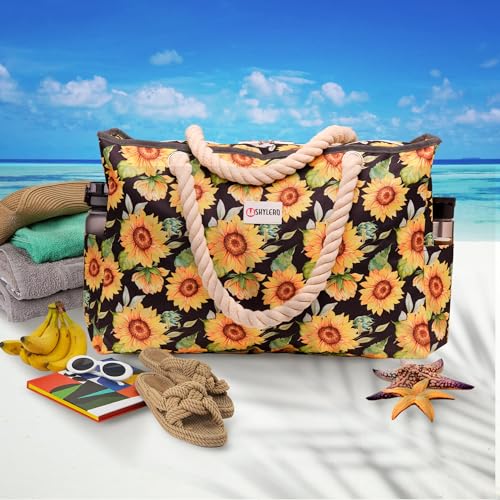 Image of Beach Bag and Pool Bag Has Cooler Pocket, 7 Pockets Total, Zip Top. Family Size Waterproof Beach Tote