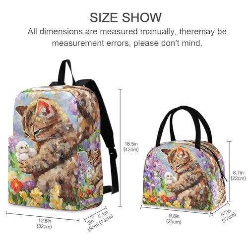 Cat and Chicken Print Backpack Set with Lunch Bag, Large Capacity Travel Backpacks and Lunch Box Insulated for Commute Hiking Picnic2