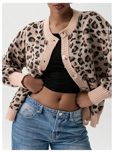 Image of BEAUDRM Women's Leopard Print Cardigan Button Front Cardigan Sweaters Crew Neck Drop Shoulder Long Sleeve Knit Tops Apricot Medium