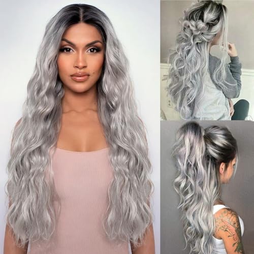 PORSMEER Long Ash Grey Blonde Wavy Curly Wigs for Women Middle Part Natural Looking Synthetic Heat Resistant Hair Ombre Wigs with Dark Roots for Ladies UK Daily or Halloween Party 30 inch