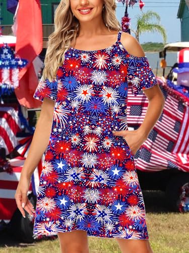 Image of Deerose Womens 4th of July Dresses Cold Shoulder American Flag Tie Dye A-Line Dress with Pockets