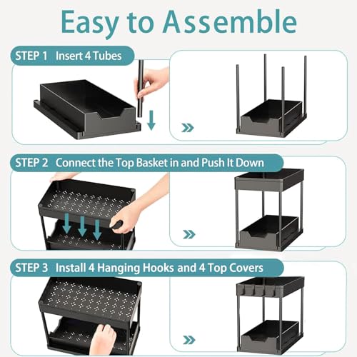 منظم سلة منزلقة تحت الخزانة، منظم تخزين من طبقتين تحت الخزانة والحمام وتحت الحوض، رف تخزين اسود متعدد الاغراض للمطبخ والحمام والمكتب