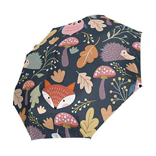 Sletend Automatic Umbrella Autumn Forest Jungle Animal Fox Owl Hedgehog One Touch Auto Open And Close Button Compact Travel Umbrella For Women Men Kid #TOP1