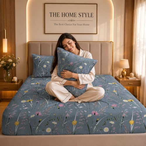 Image of THE HOME STYLE Supersoft Glace Cotton Elastic Fitted All Around King Size Printed Double Bedsheet with 2 Pillow Cover & King Size Comforter /Duvet /Blanket (72 inchx78 inch + Comforter, Bluebell Whisper)