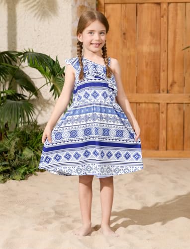 PATPAT Girls Summer Beach Dress Boho Hawaiian Floral One Shoulder Sundress Pack of 2 Size 3-10 Years3