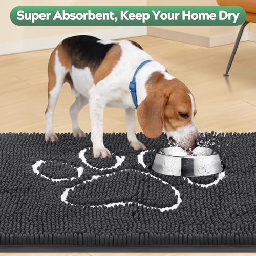 Dog Door Mat for Muddy Paws, Pet Rug Chenille Absorbent Outdoor Doormat 48"x 30", Non Slip Heavy Indoor Doormat Soft Front Inside Doormats for Entryway, Mud Paws, Patio,Dog Paw Dark Grey