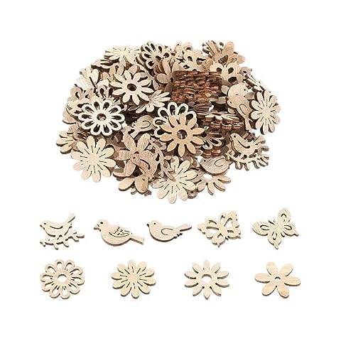 Creaides 100pcs Mini Bird Wood DIY Crafts Cutouts Wooden Bird Flower Butterfly Slices Embellishments Unfinished Wood Ornaments for DIY Projects Christmas Home Decorations Cover