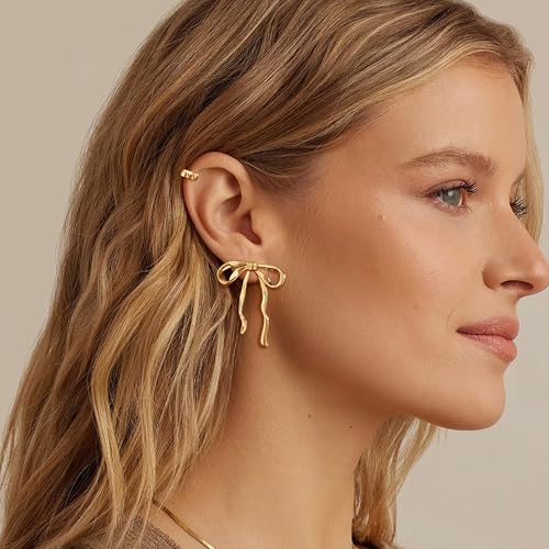 Gold Earrings for Women, 14k Gold Plated Bow Ribbon Earrings Hypoallergenic Non-Tarnish Dainty Cute Stud Tragus Piercing Earring Fashion Accessories for Her4