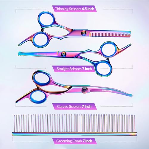 Image of Gimars Dog Grooming Scissors Kit Professional 4CR with Safety Round Tip, 5 in 1 Heavy Duty Titanium Coated Thinning & Curved & Straight Shears