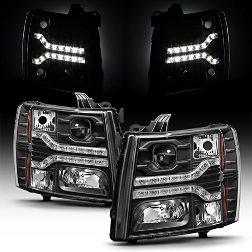 AKKON - For Chevy Silverado Pickup Truck Dual LED DRL Black Housing Projector Headlights Lamps