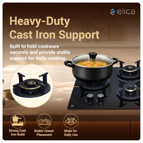 Image of Elica 70cm 4 Burner Auto Ignition Hob | RG FLEXI DFS AB 4B 70 TX | 8 mm Toughened Glass, Direct Vertical Flame Brass Burners, Fully Sealed Burner Design, 2Yr Comprehensive Warranty