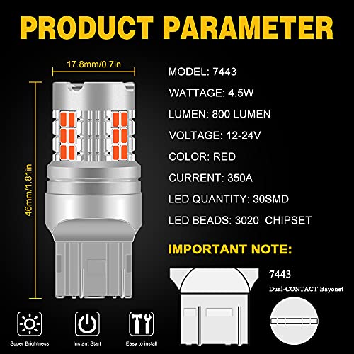 Sidaqi 7443 LED Bulbs Red Brake Tail Light Super Bright 3020 Chipsets 7440 7441 7444 LED Bulbs for Tail Lights, Turn Signal Lights, Brake Lights-Pack of 2