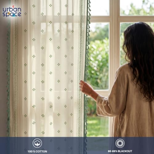 Image of Urban Space Boho Decorative Curtain for Window, 100% Cotton Curtain 5 Feet Long, 1 piece Curtain with Tassels, 60-65% Room Darkening with Tieback and Eyelets (Aaqar Sage Green, 5 Feet)