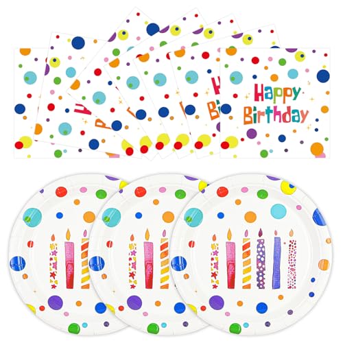 HFBOBP 50PCS Happy Birthday Plates and Napkins 7inch Colorful Dots Birthday Cake Dessert Plates Disposable Paper Dinnerware Set for Birthdays Party Supplies Decorations (Birthdays Candle 7 Inch)